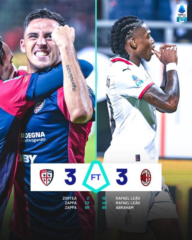 乐鱼体育-【意甲】米兰客场3比3卡利亚里遭绝平，莱昂梅开二度